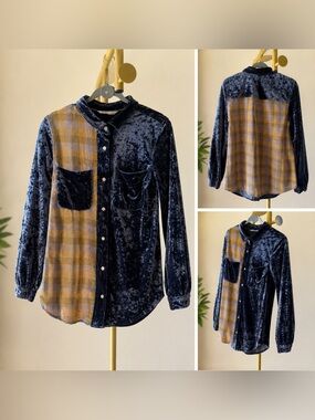 Given Kale Mixed Media Velvet & Plaid Button-Up Shirt | S Boho Boutique